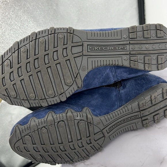 SKECHERS Bikers Lite Suede & Sweater Knit Ankle Boot Side Zipper Blue Sz 8 - Picture 7 of 9